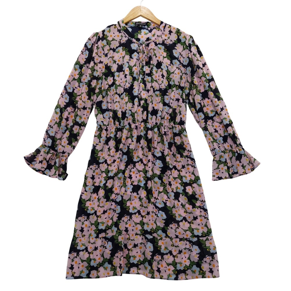 J Crew Mercantile Floral‎ Print Long Sleeve Tie Neck Midi Dress Women's M